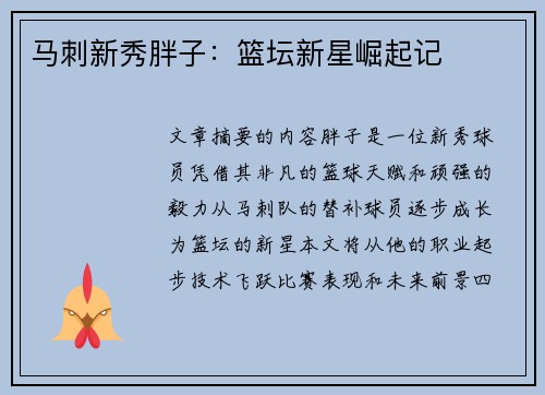 马刺新秀胖子：篮坛新星崛起记