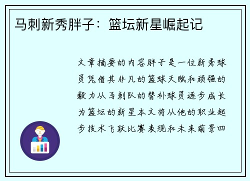 马刺新秀胖子：篮坛新星崛起记